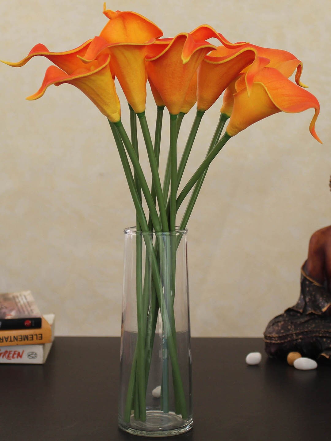 

TIED RIBBONS Orange & Green Artificial Calla Lily Flowers Sticks With Vase