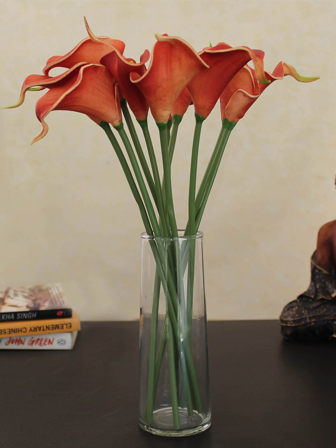 

TIED RIBBONS Orange & Green Artificial Calla Lily Flower Bunches With Vase Pot