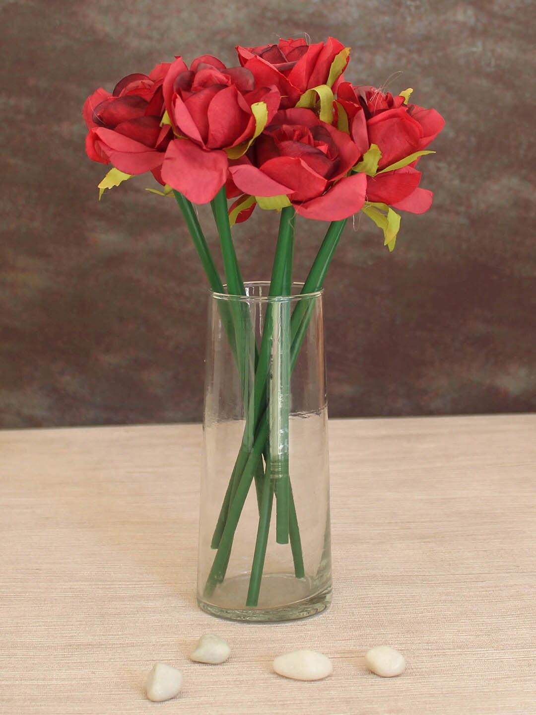 

TIED RIBBONS Red & Green Artificial Rose Flower Sticks With Glass Vase Pot