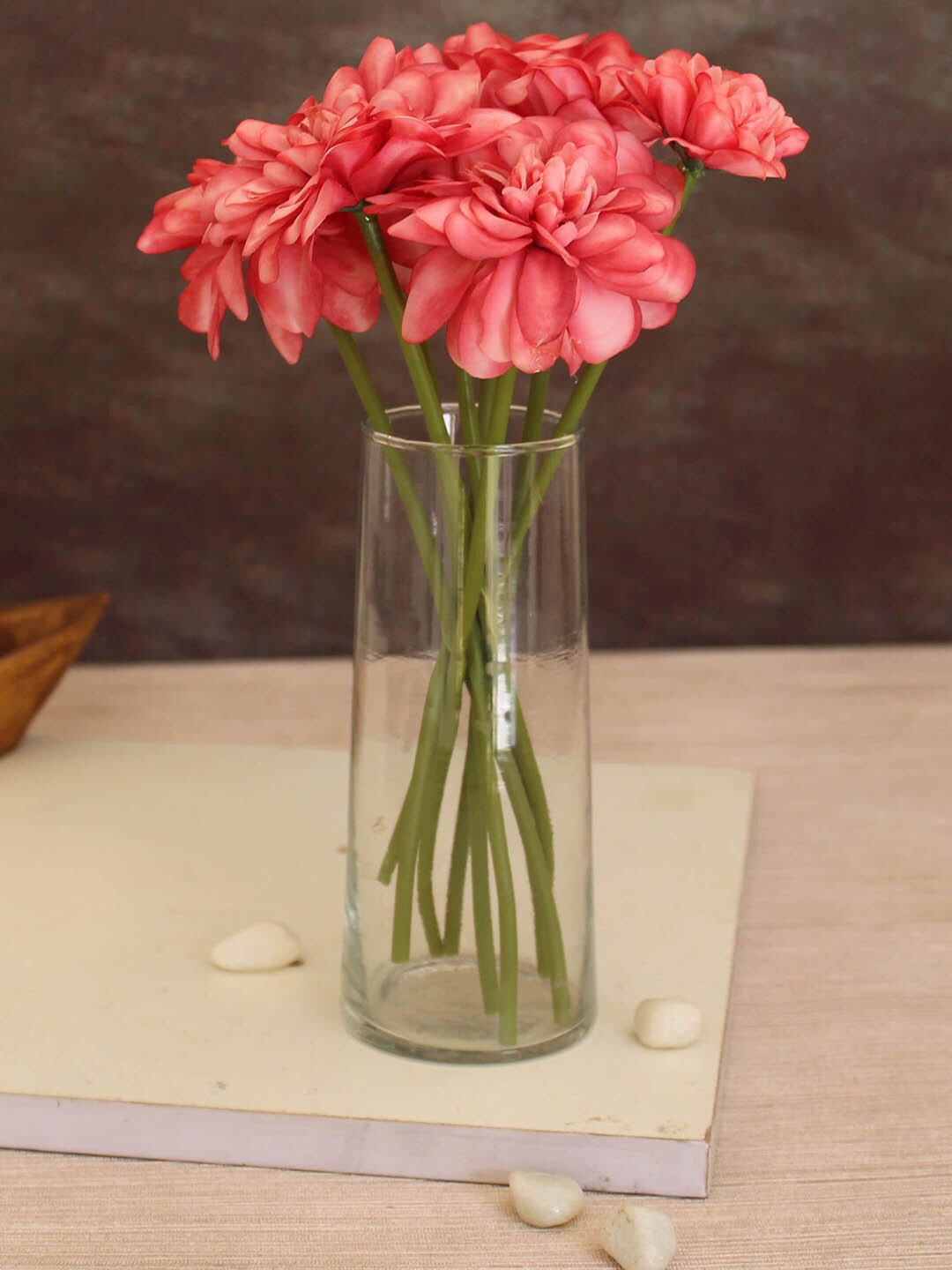 

TIED RIBBONS Set of 9 Red & Green Artificial Silk Flower Plant With Glass Vase Pot