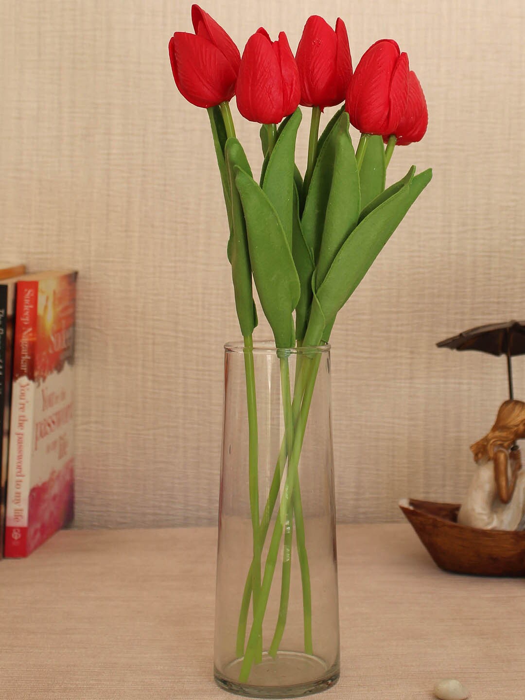 

TIED RIBBONS Set of 5 Red Artificial Tulip Flower Sticks With Glass Vase