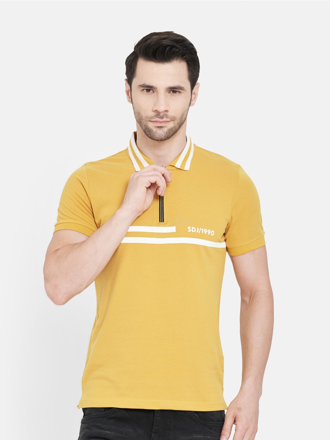 

Duke Men Mustard Yellow & White Striped Polo Collar Slim Fit T-shirt