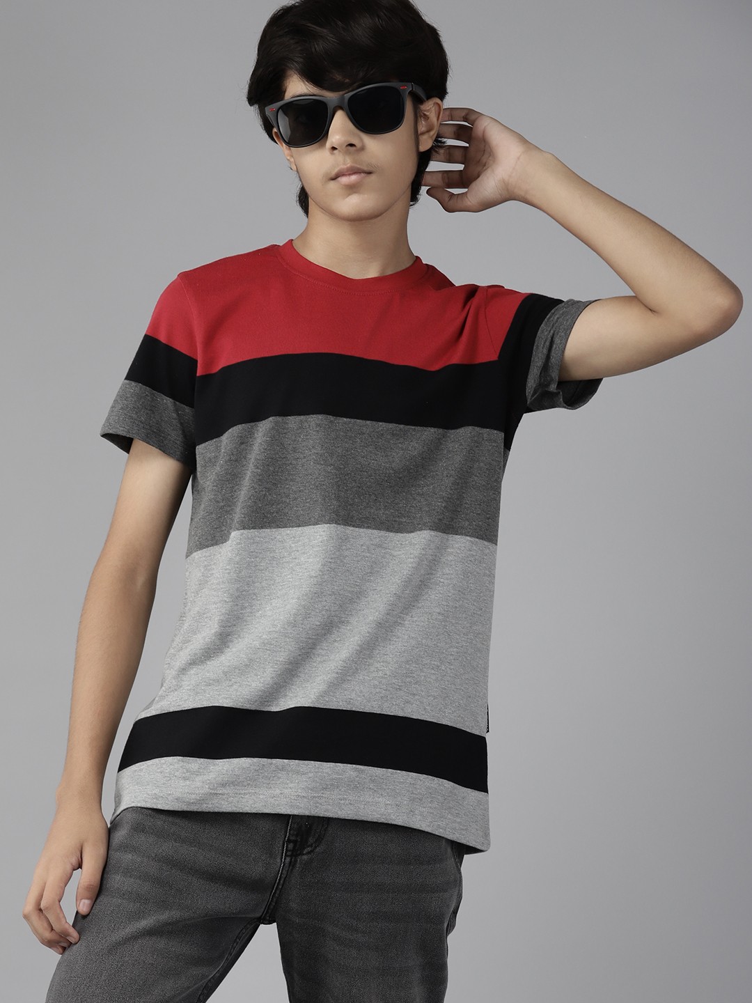 

UTH by Roadster Boys Grey Melange & Red Cotton Striped T-shirt