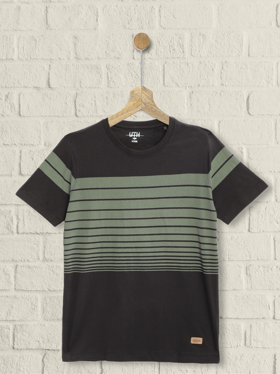 

UTH by Roadster Boys Olive Green & Black Cotton Striped T-shirt