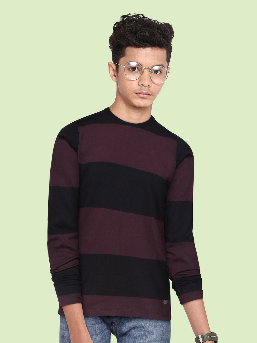 

UTH by Roadster Boys Black & Burgundy Cotton Striped T-shirt