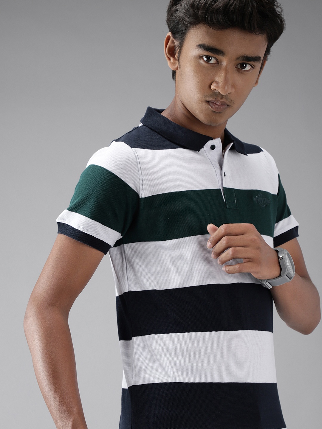 

UTH by Roadster Boys White & Navy Blue Striped Pure Cotton Polo Collar T-shirt