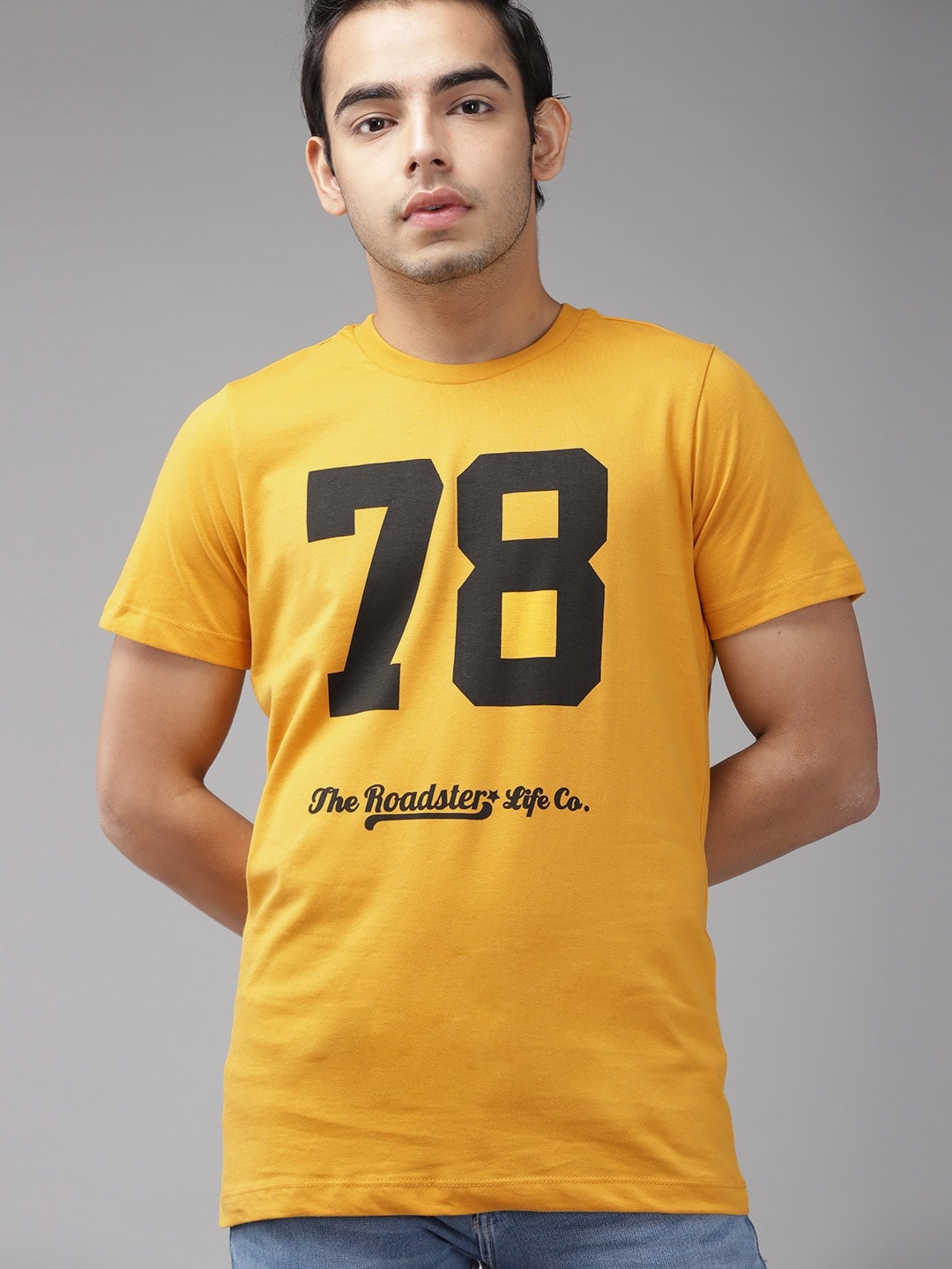 

UTH by Roadster Boys Mustard Yellow & Black Cotton Brand Logo Printed T-shirt