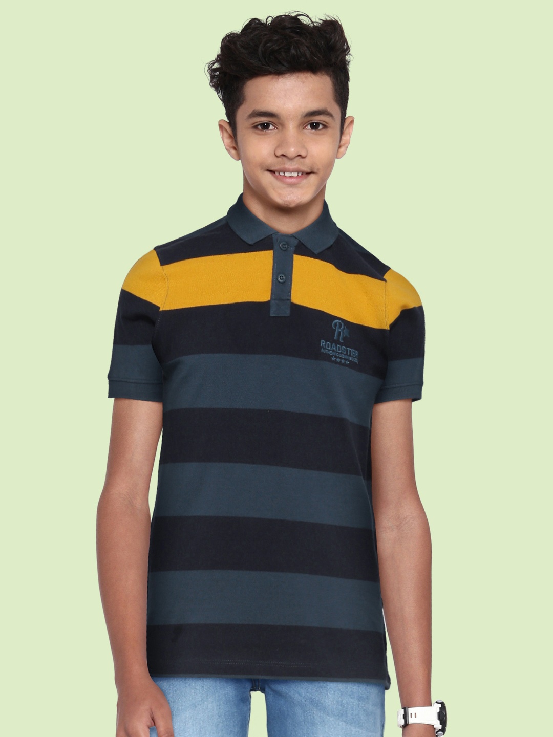 

UTH by Roadster Boys Navy Blue & Yellow Cotton Striped Polo Collar T-shirt