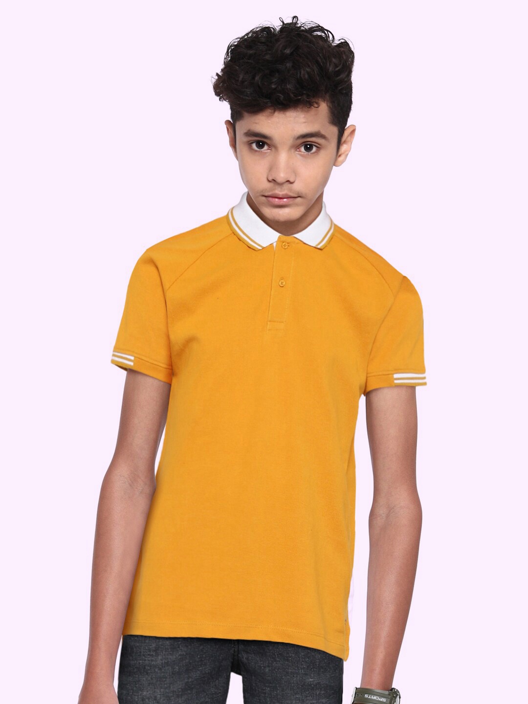 

UTH by Roadster Boys Mustard Yellow Pure Cotton Solid Polo Collar T-shirt