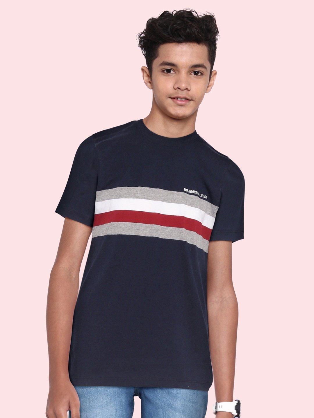 

UTH by Roadster Boys Navy Blue & Grey Melange Cotton Striped T-shirt