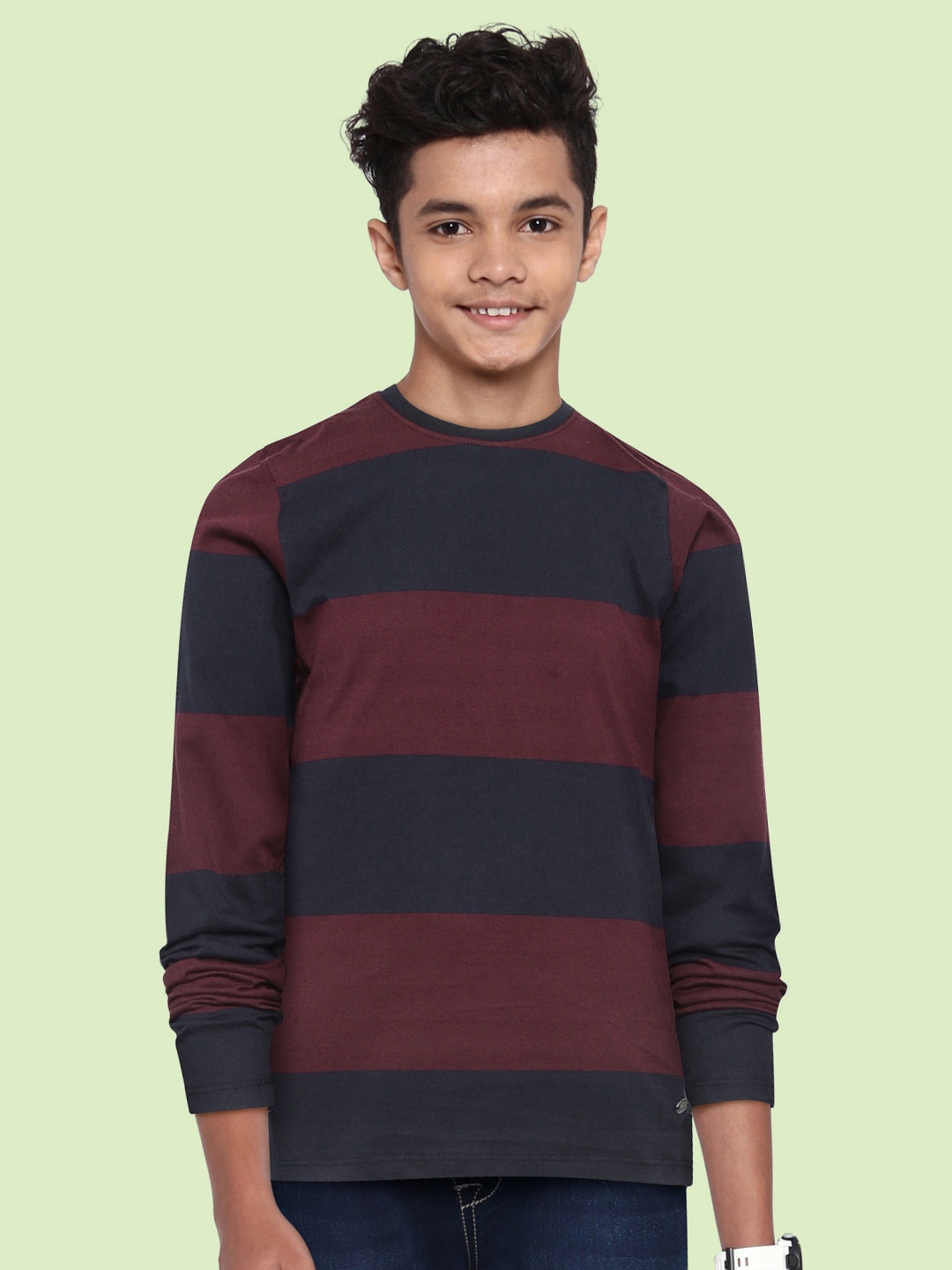 

UTH by Roadster Boys Navy Blue & Burgundy Cotton Striped T-shirt