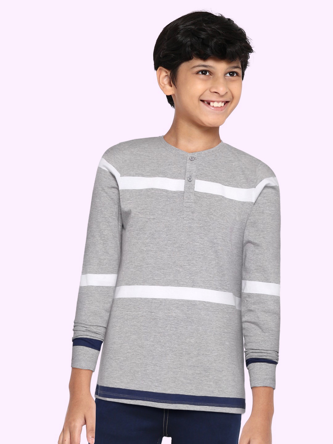 

UTH by Roadster Boys Grey Melange & White Striped Henley Neck T-shirt