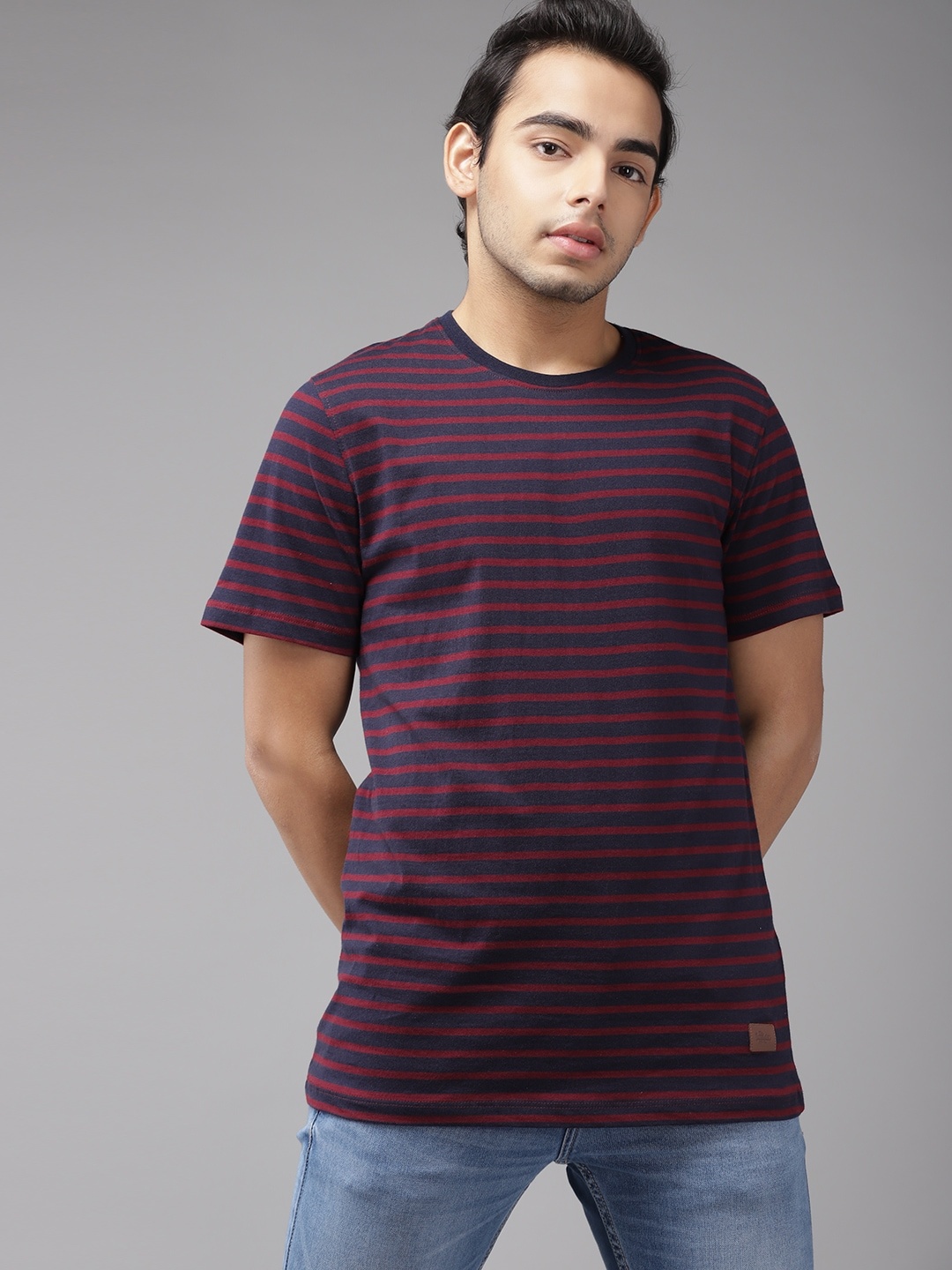 

UTH by Roadster Boys Navy Blue Maroon Striped Round Neck Pure Cotton T-shirt