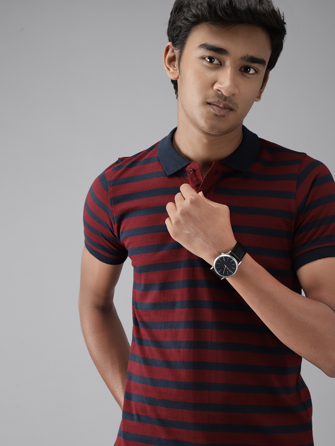 

UTH by Roadster Boys Red & Navy Blue Striped Pure Cotton Polo Collar T-shirt