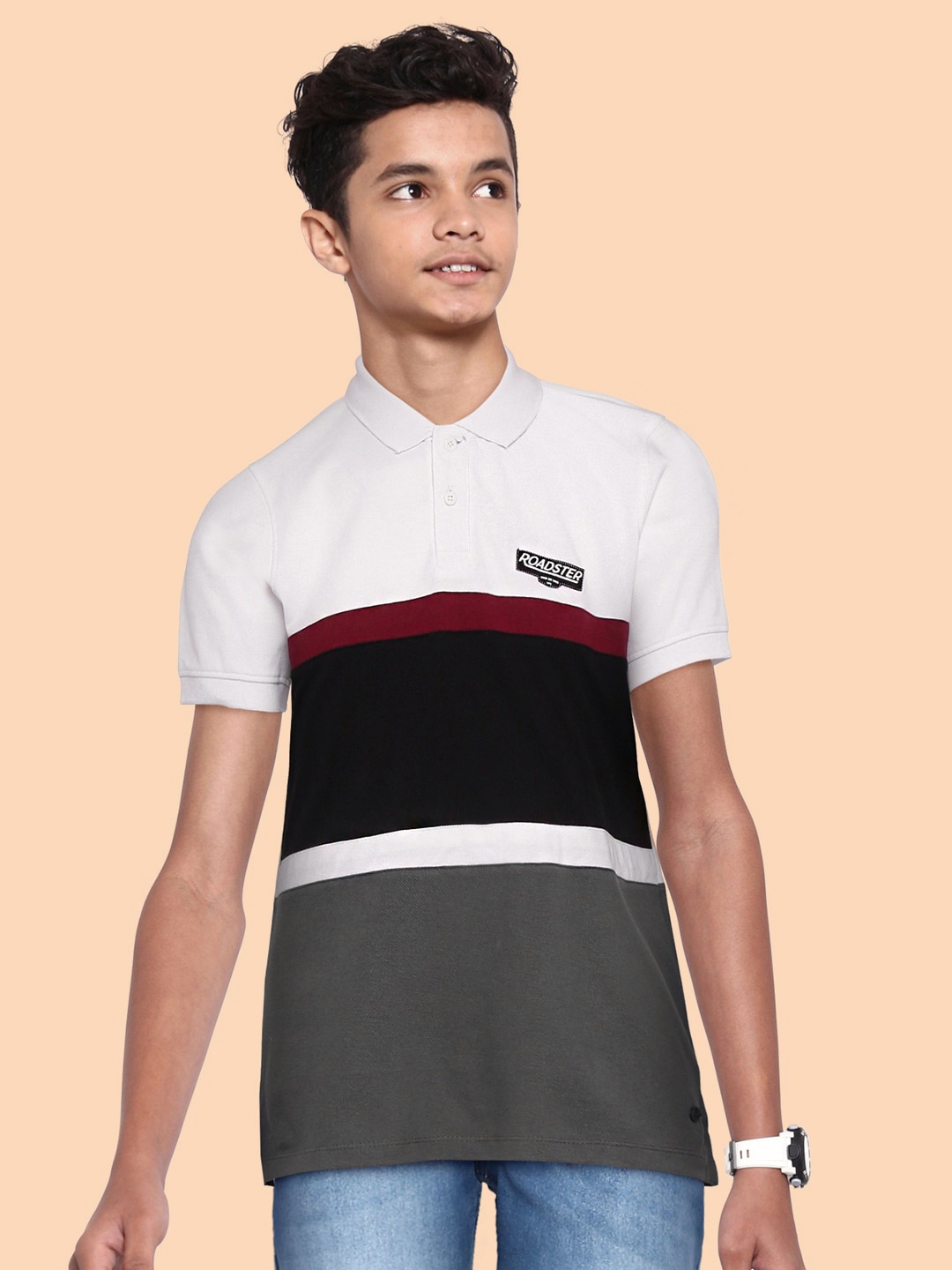 

UTH by Roadster Boys White & Grey Cotton Colourblocked Polo Collar T-shirt