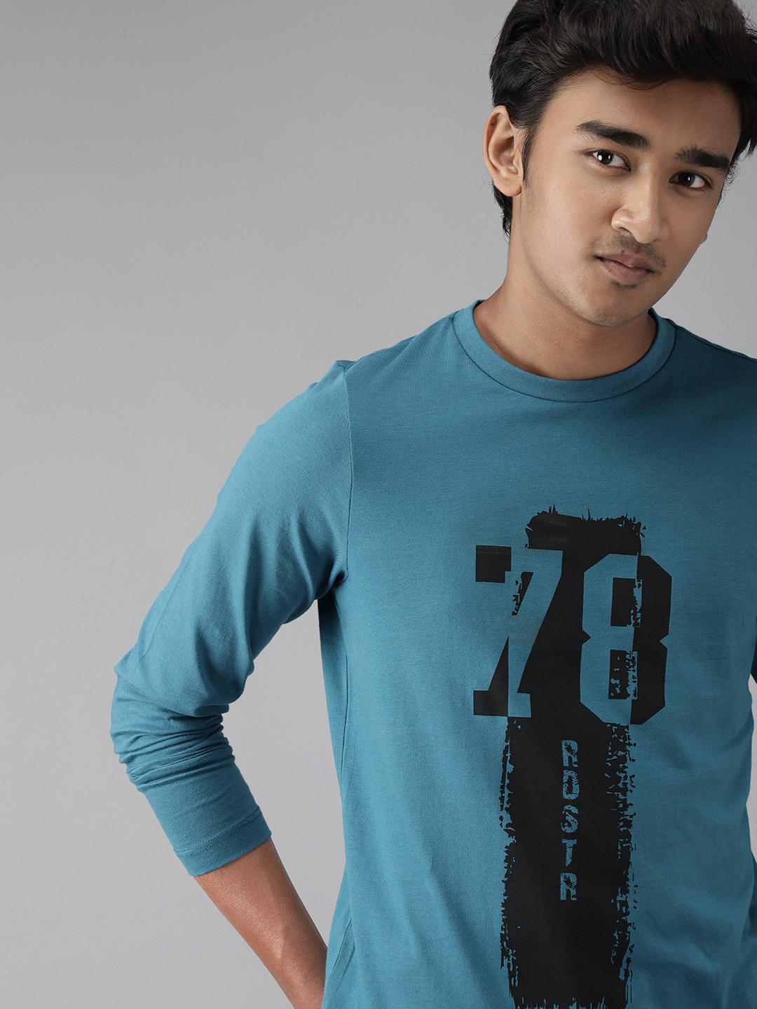 

UTH by Roadster Boys Teal Blue & Black Printed Cotton T-shirt