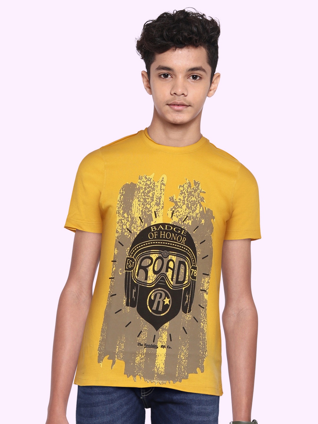 

UTH by Roadster Boys Mustard Yellow Black Pure Cotton Printed Raw Edge Pure Cotton T-shirt