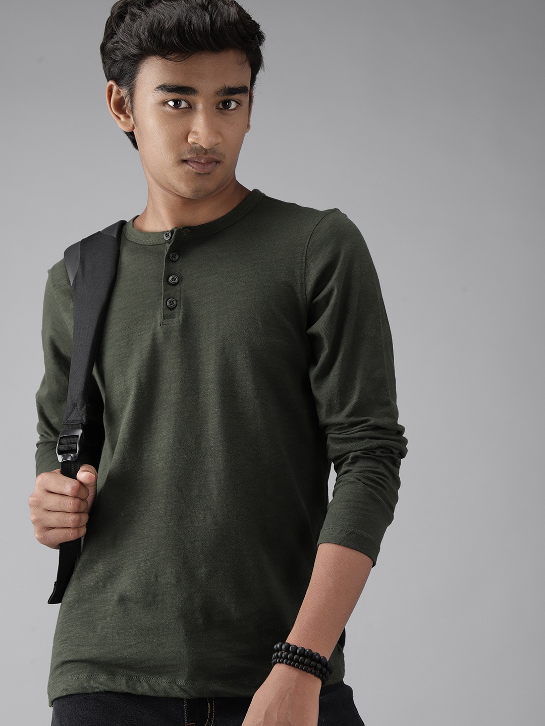 

UTH by Roadster Boys Olive Green Solid Cotton Henley Neck T-shirt