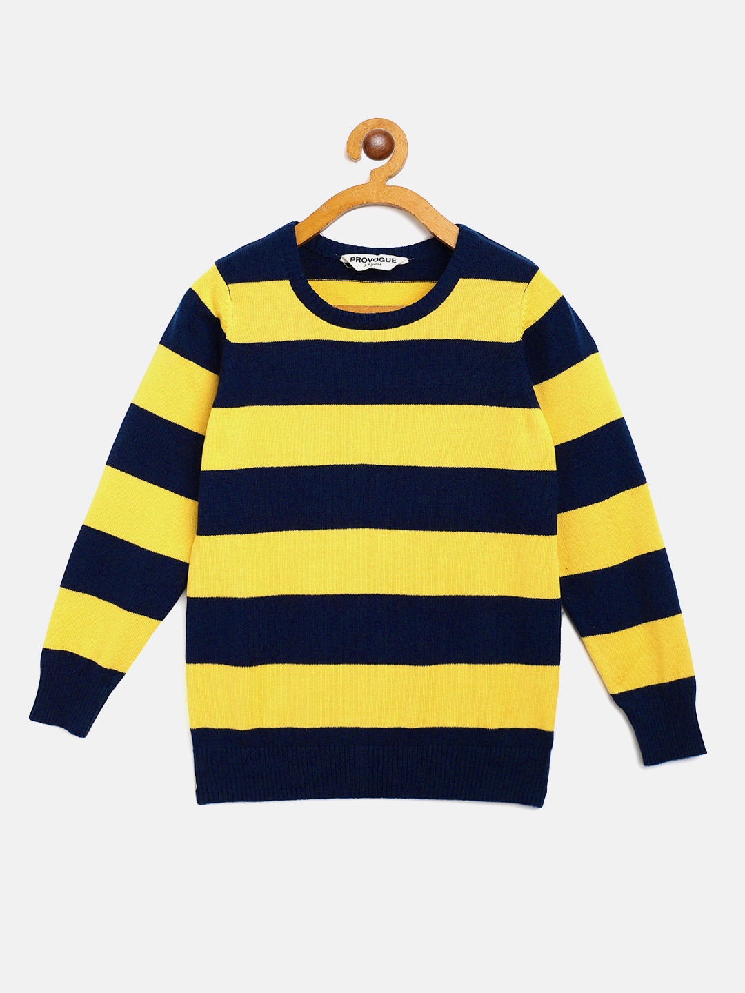 

Provogue Boys Mustard Yellow & Navy Blue Striped Pure Cotton Pullover