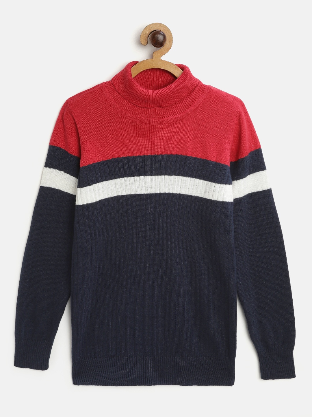 

Provogue Boys Navy Blue & Red Cotton Colourblocked Pullover Sweater