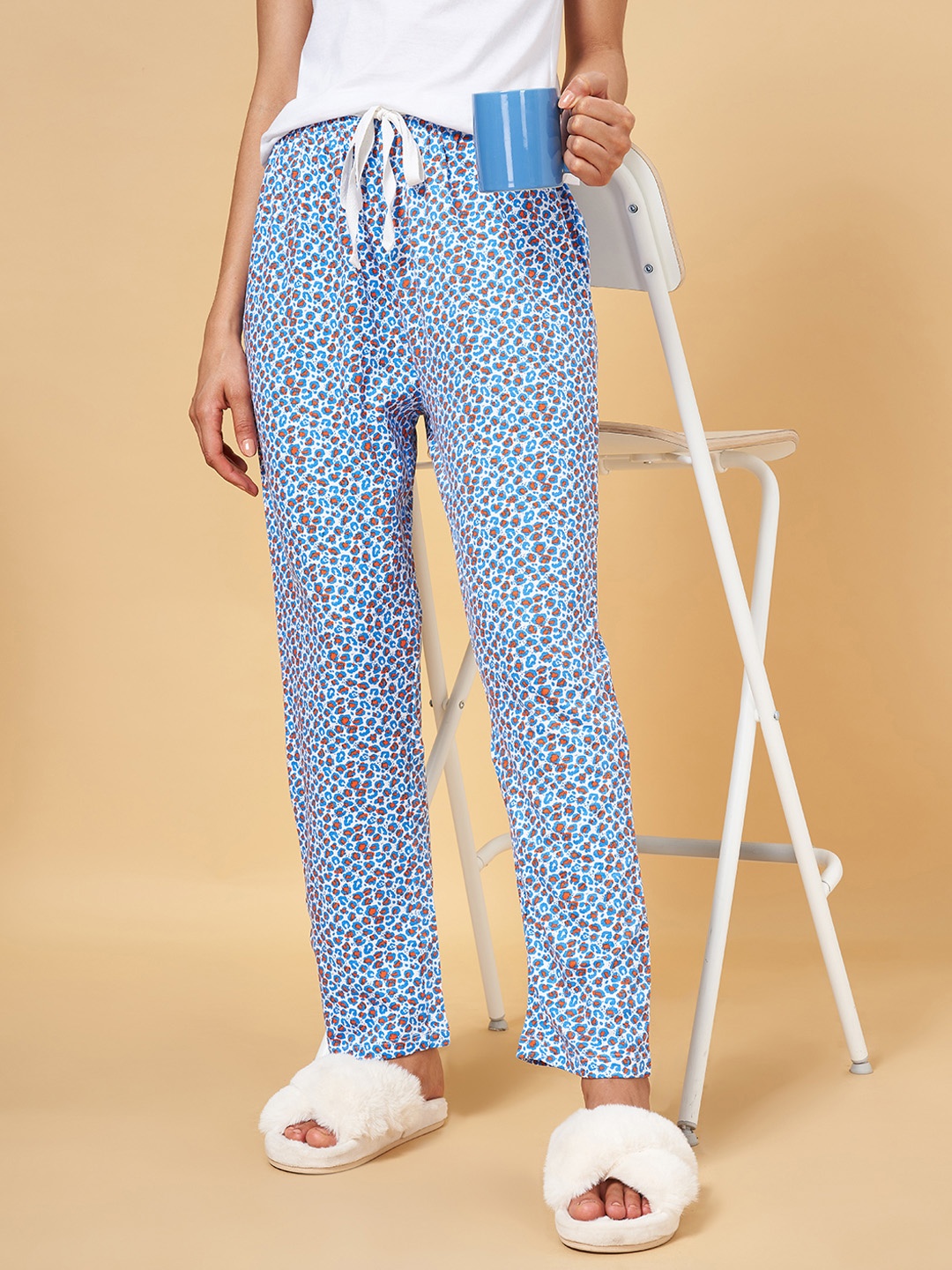 

People Women Cotton Printed Casual Lounge Pants, Blue