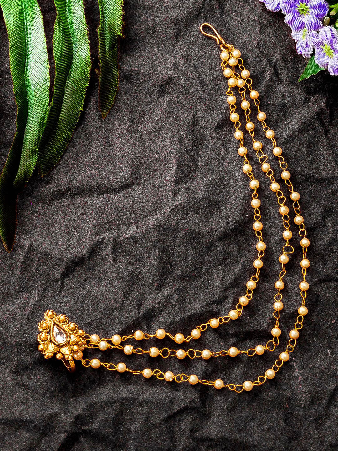 

aadita Gold-Plated White & Cream-Toned American Diamond Studded & Beaded Chained Nosepin