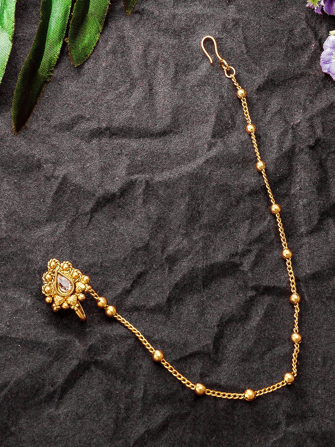

aadita Gold-Plated Beige AD-Studded & Beaded Nose Ring With Chain