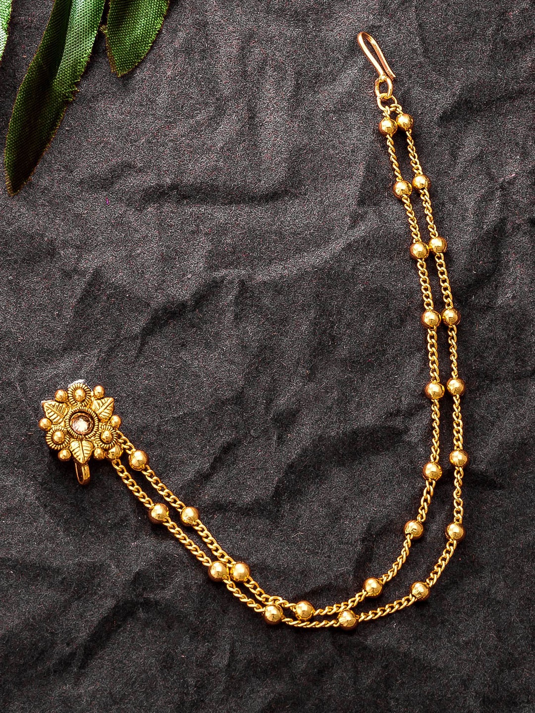 

aadita Gold-Plated AD-Studded Enamelled Nosepin With Chain
