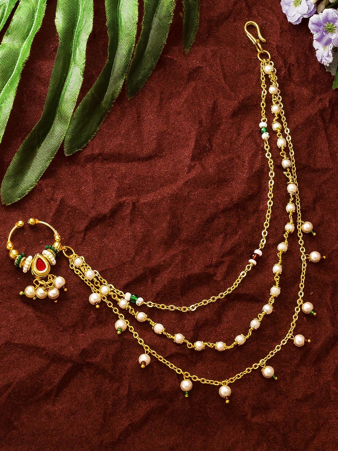 

aadita Gold-Plated AD-Studded & Beaded Enamelled Nosepin With Chain