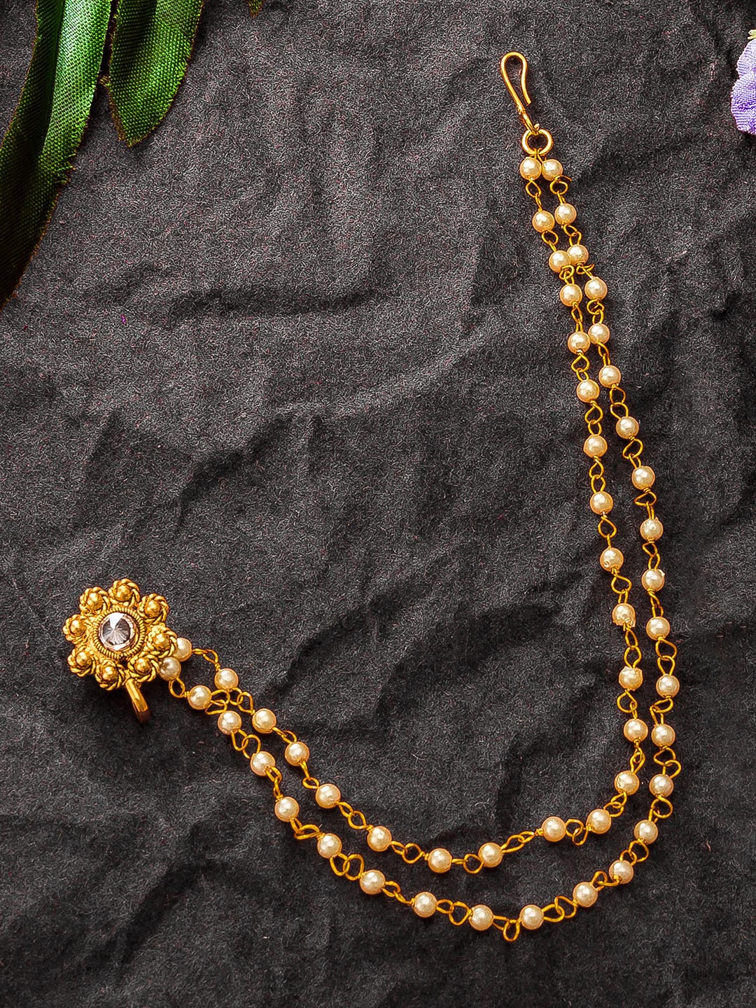 

AADITA Gold Plated Artificial Stone & Beads Studded Nose Pin with Chain