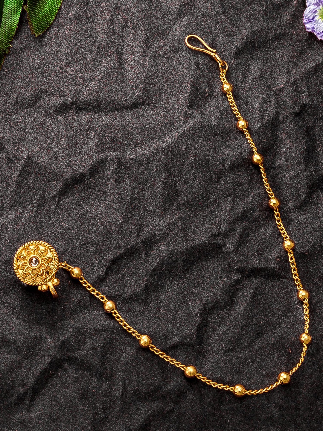 

aadita Gold-Plated & Beige AD-Studded & Beaded Nose Ring With Chain