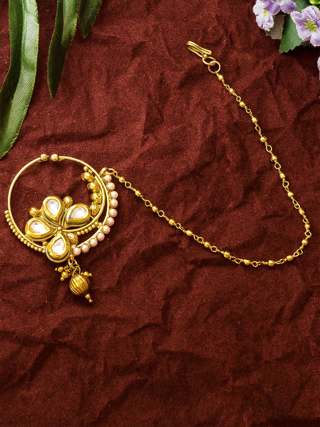 

aadita Gold-Plated White AD-Studded & Beaded Nose Ring With Chain