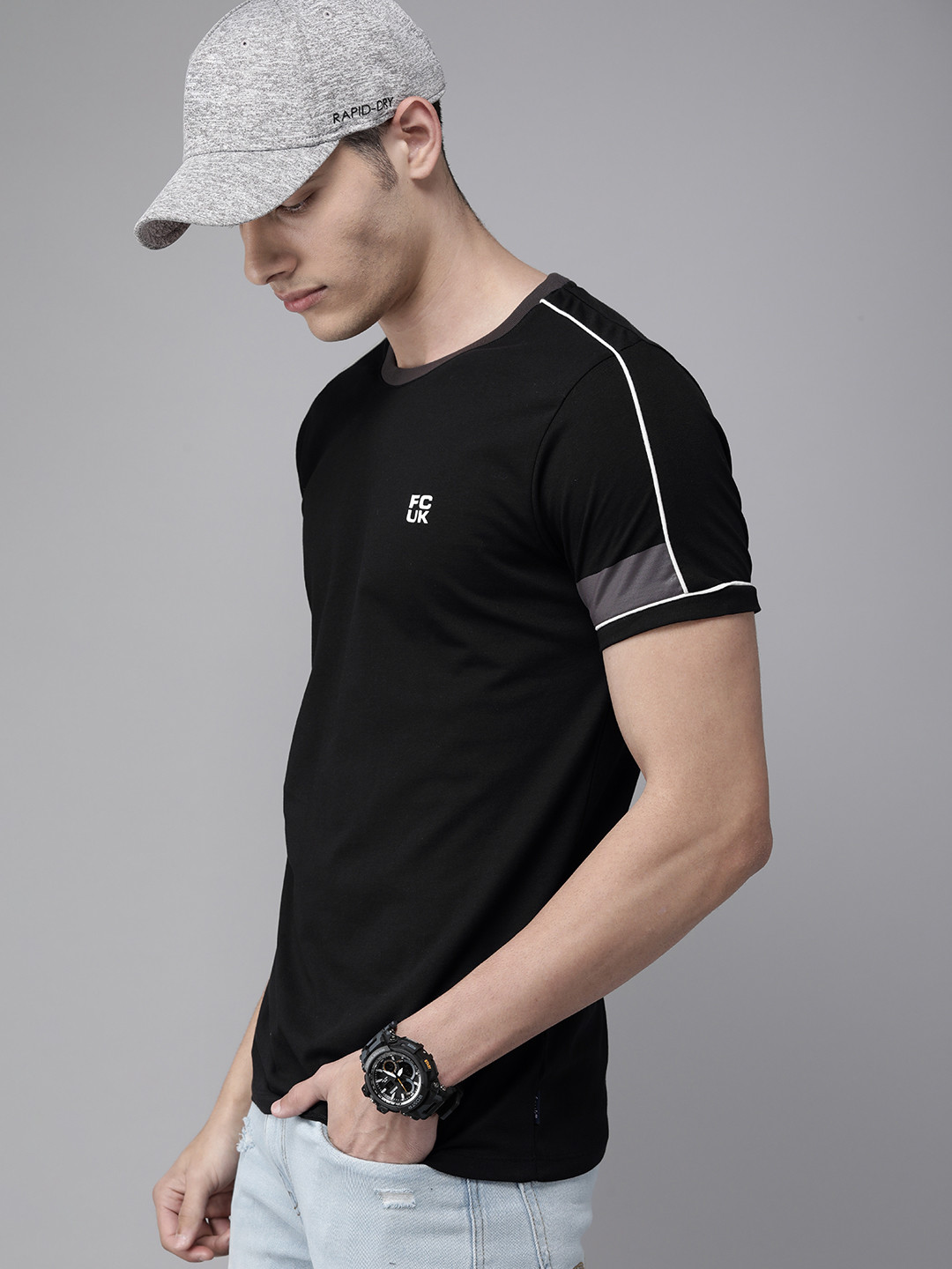 

French Connection Men Black Solid Pure Cotton T-shirt