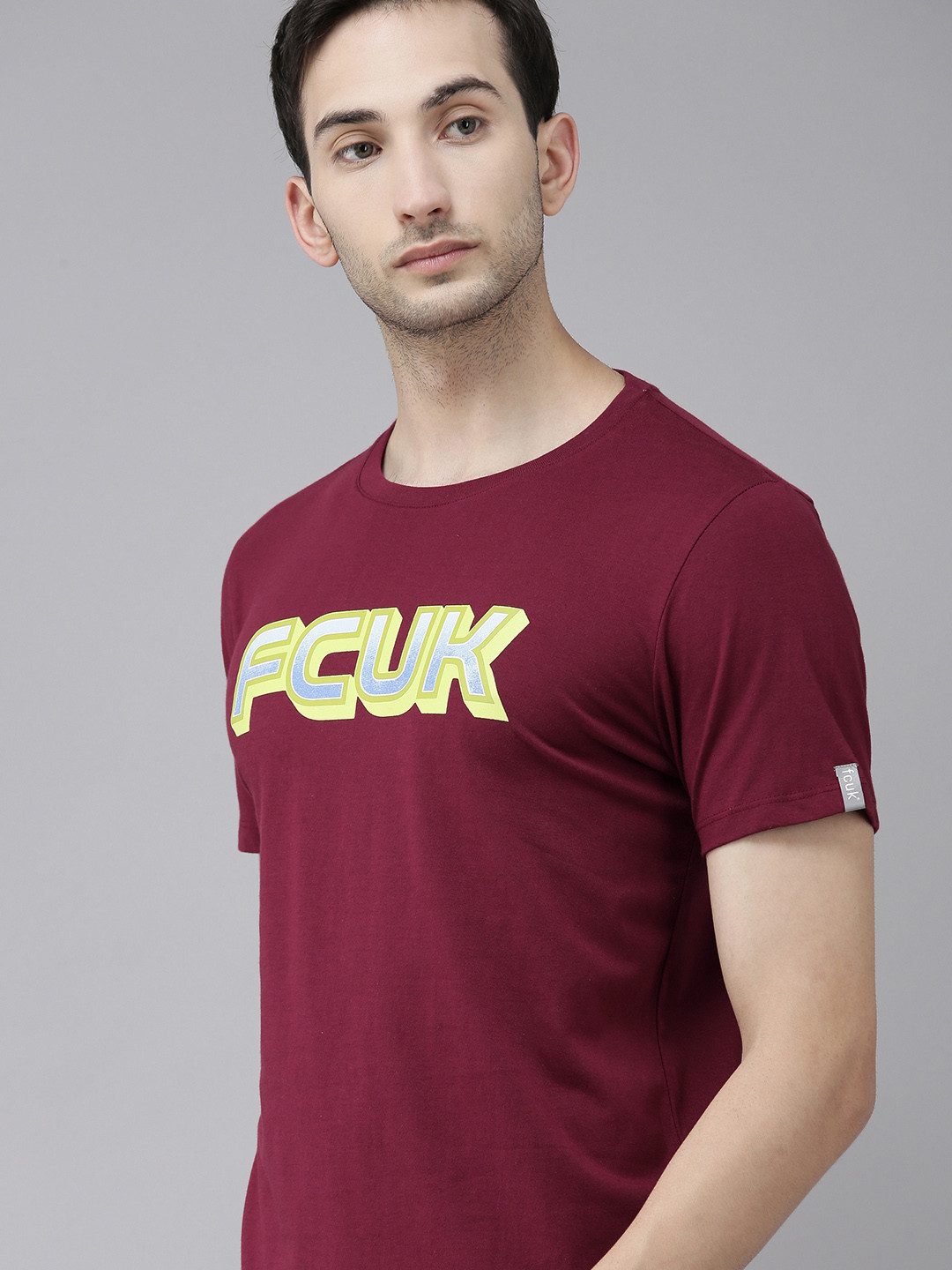 

French Connection Men Red & Yellow Brand Logo Printed Slim Fit Pure Cotton T-shirt