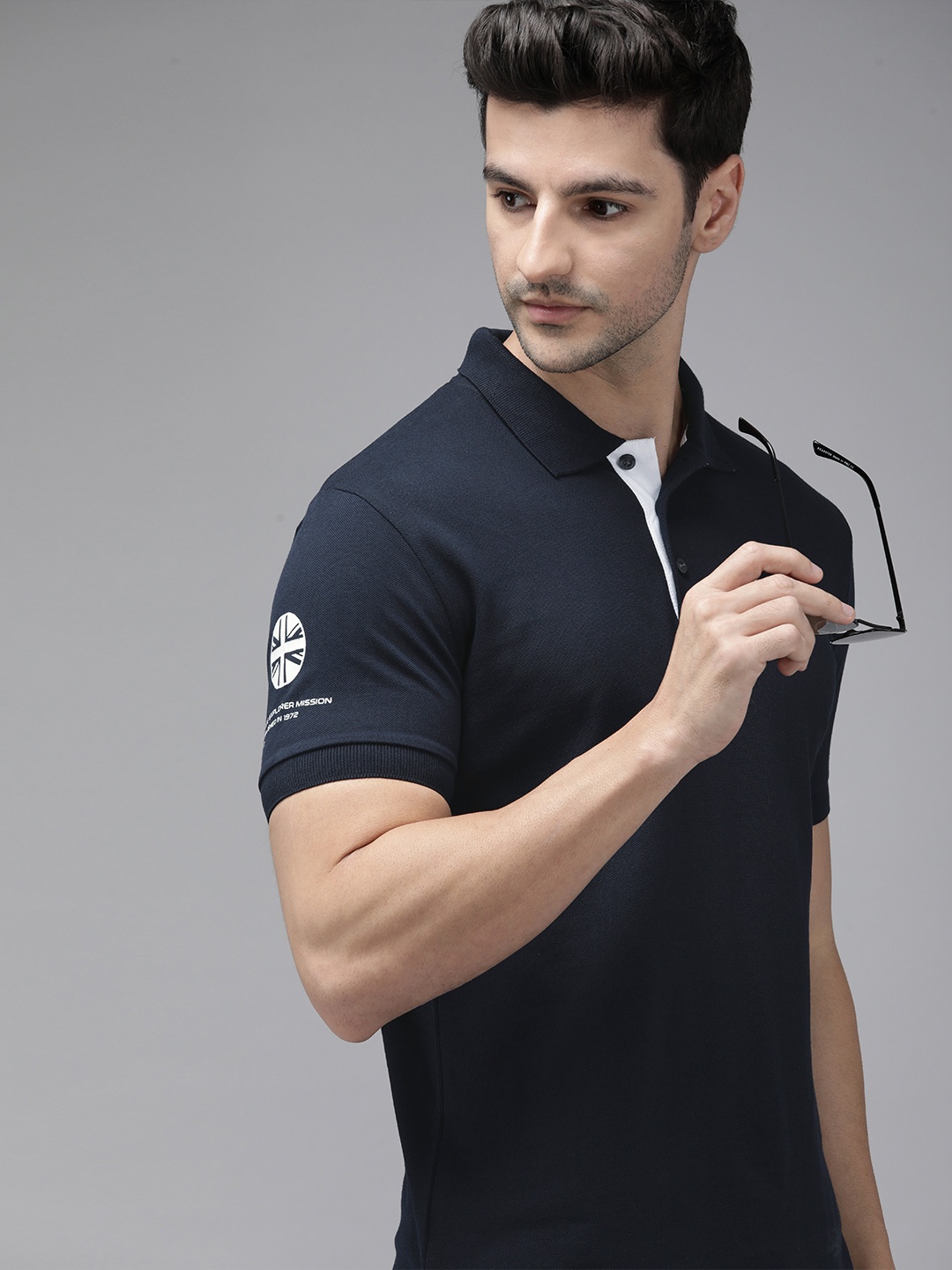 

French Connection Men Navy Blue Brand Logo Printed Polo Collar Pure Cotton T-shirt