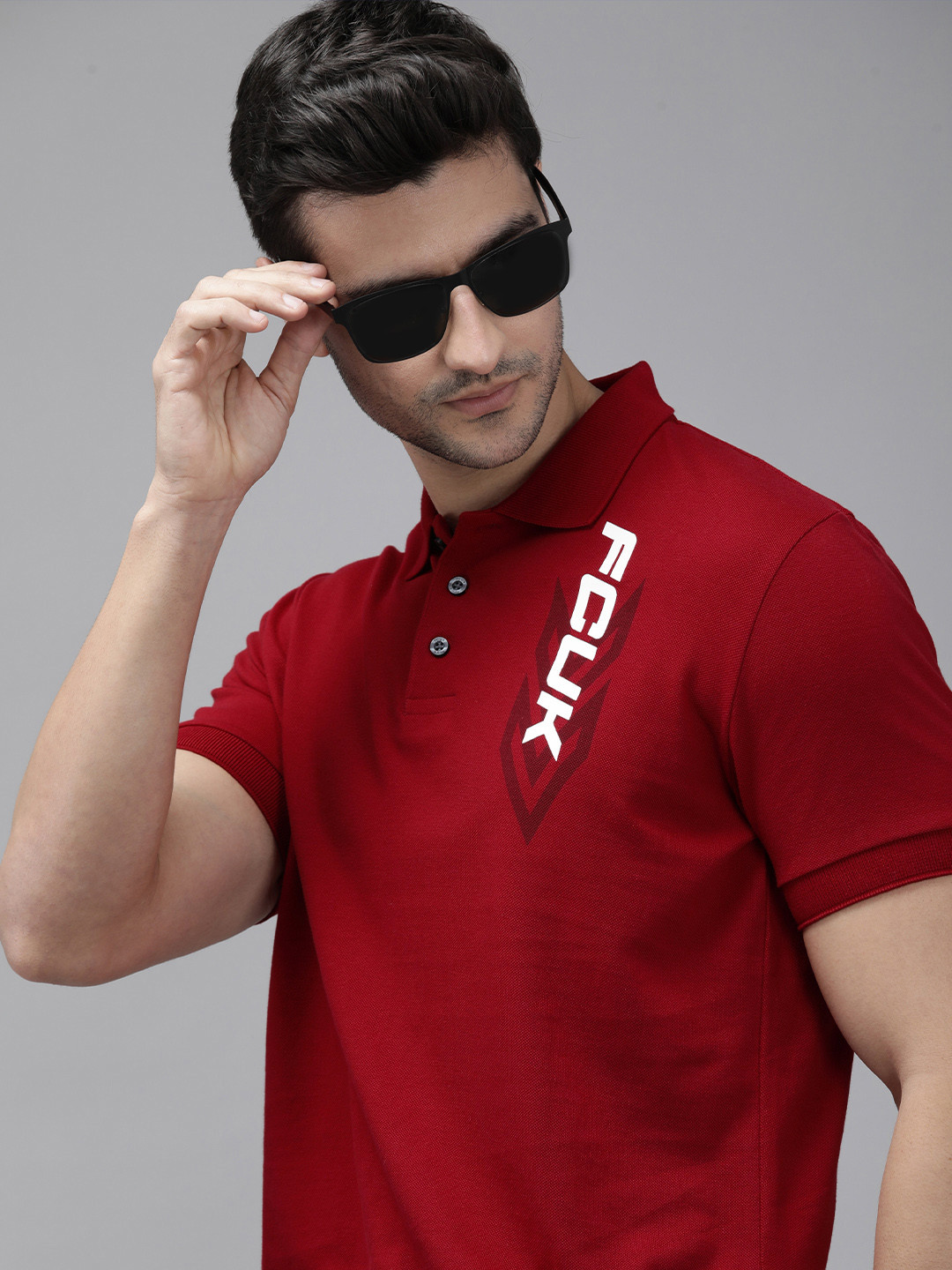 

French Connection Men Red Brand Logo Printed Polo Collar Slim Fit T-shirt