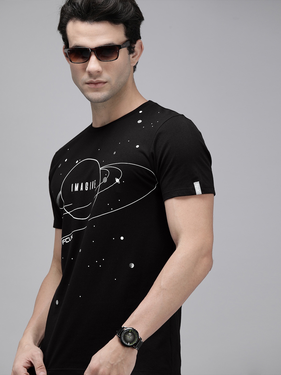 

French Connection Men Black Printed Pure Cotton T-shirt