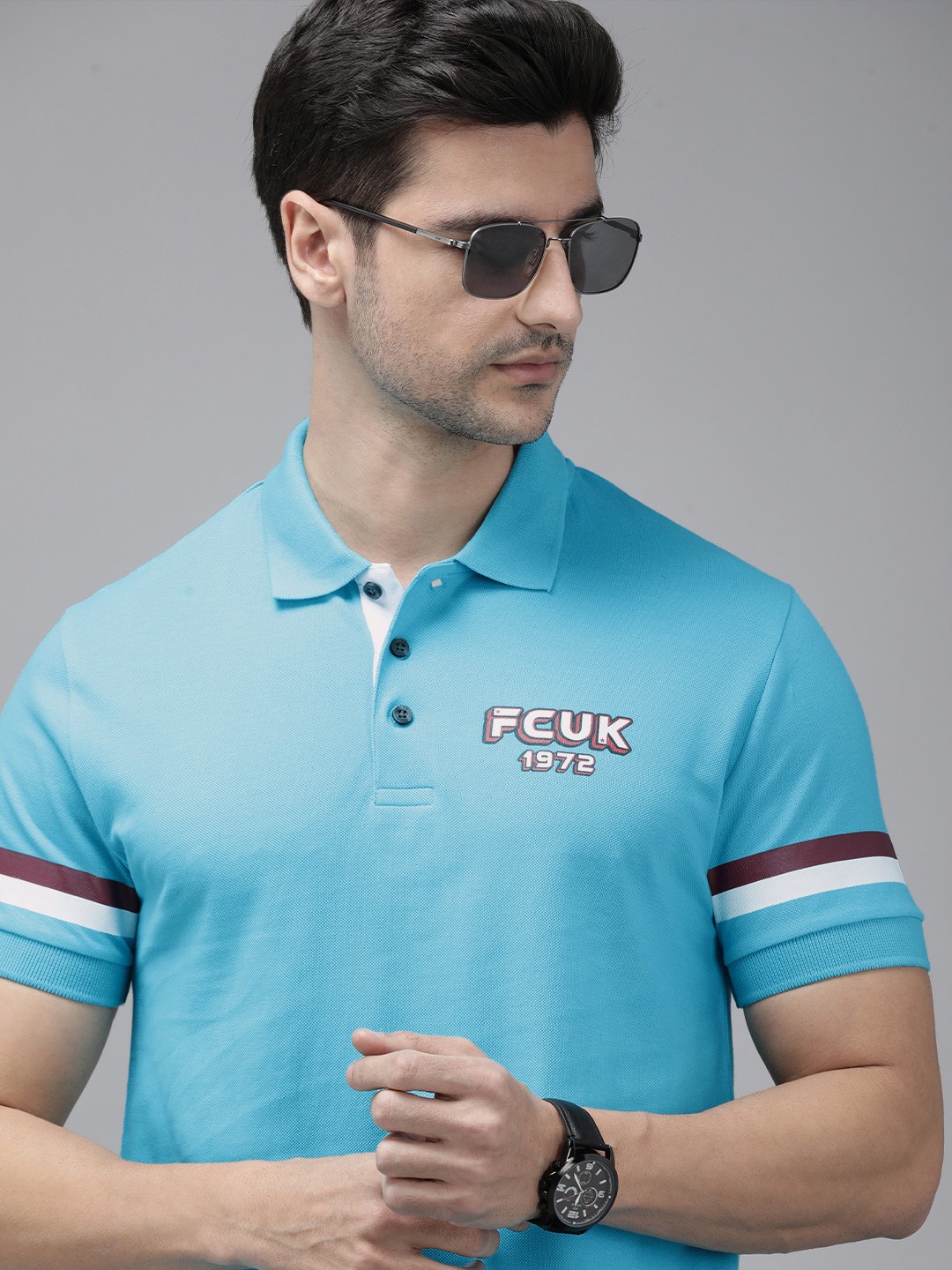 

French Connection Men Blue Printed Polo Collar Slim Fit T-shirt