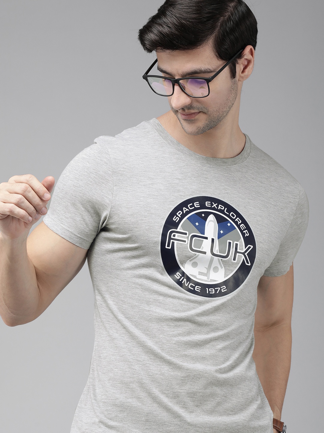 

French Connection Men Grey Melange Printed Pure Cotton Slim Fit T-shirt