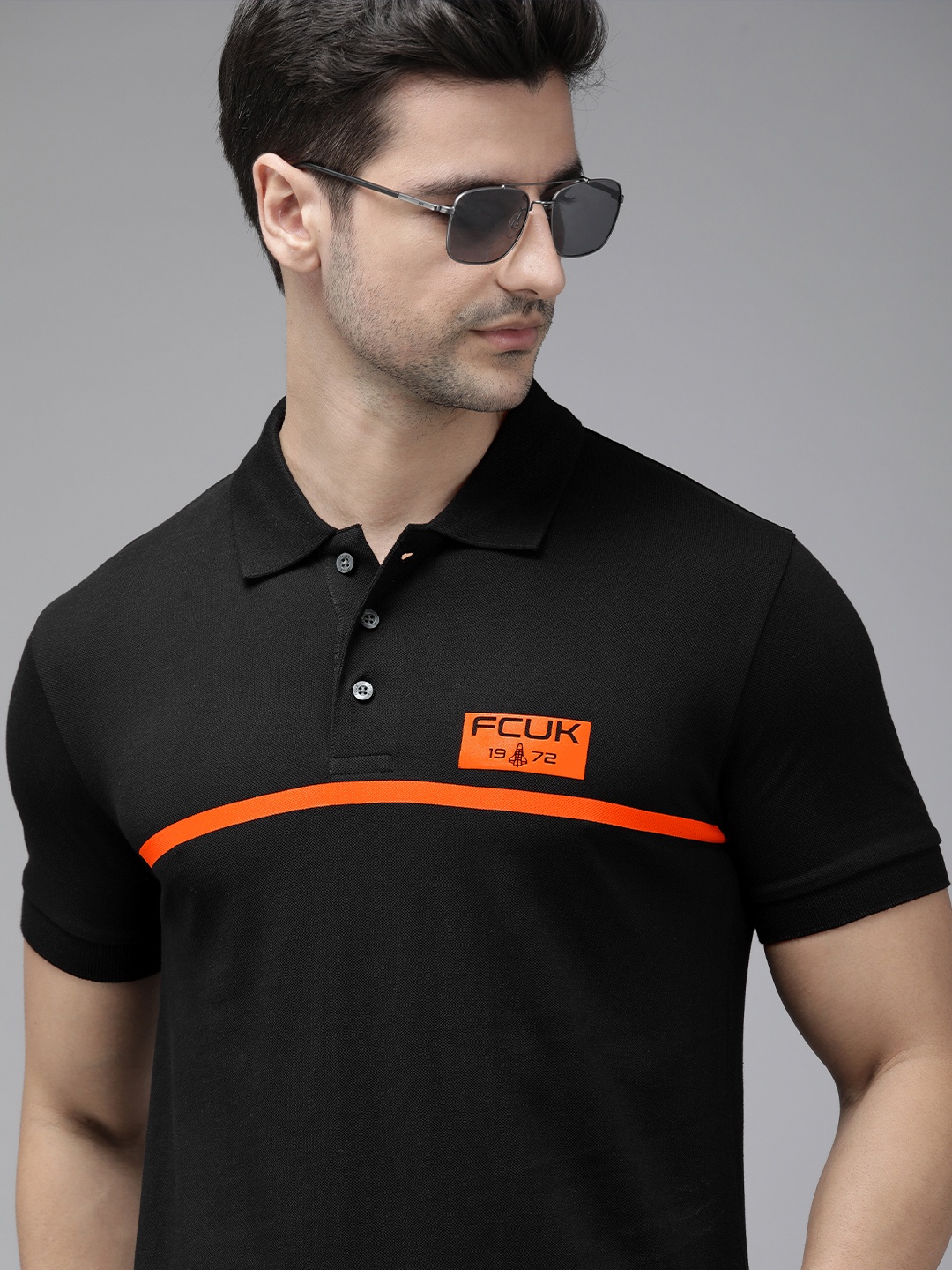 

French Connection Men Black Printed Polo Collar Slim Fit T-shirt