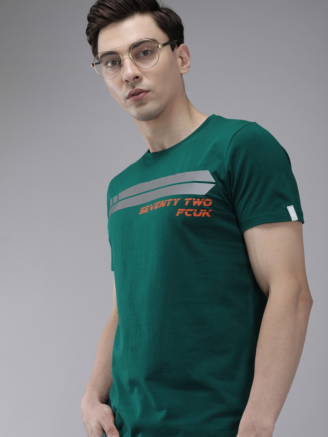 

French Connection Men Green Brand Logo Printed Slim Fit T-shirt