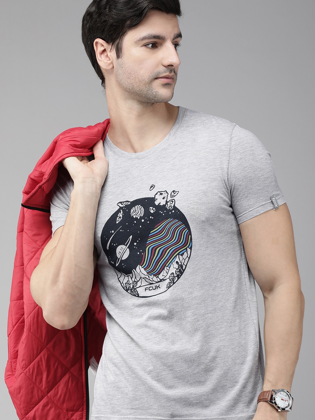 

French Connection Men Grey Melange Printed Pure Cotton Slim Fit T-shirt