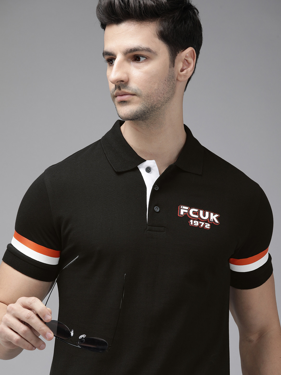 

French Connection Men Black & White Brand Logo Printed Polo Collar Pure Cotton T-shirt