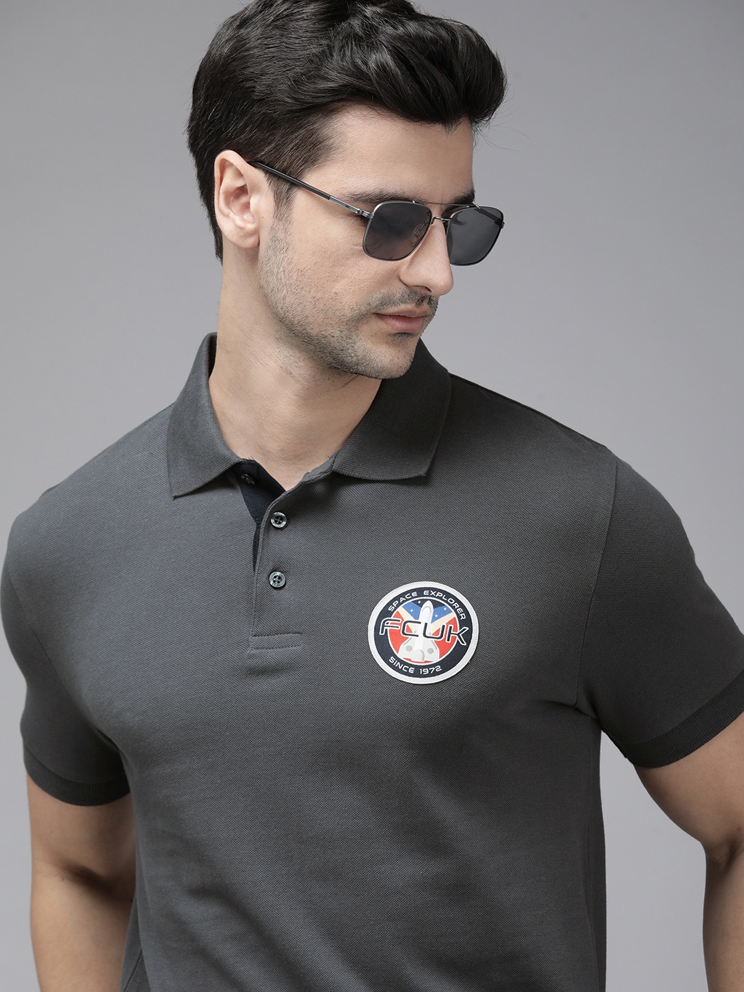 

French Connection Men Grey Polo Collar Applique Slim Fit Pure Cotton T-shirt