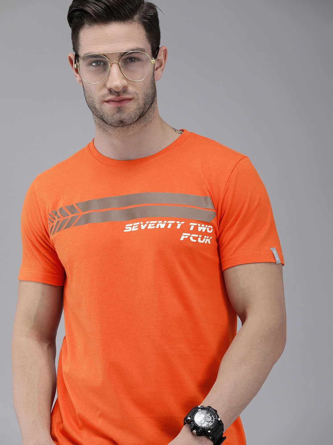 

French Connection Men Orange Brand Logo Printed Slim Fit Round Neck Pure Cotton T-shirt