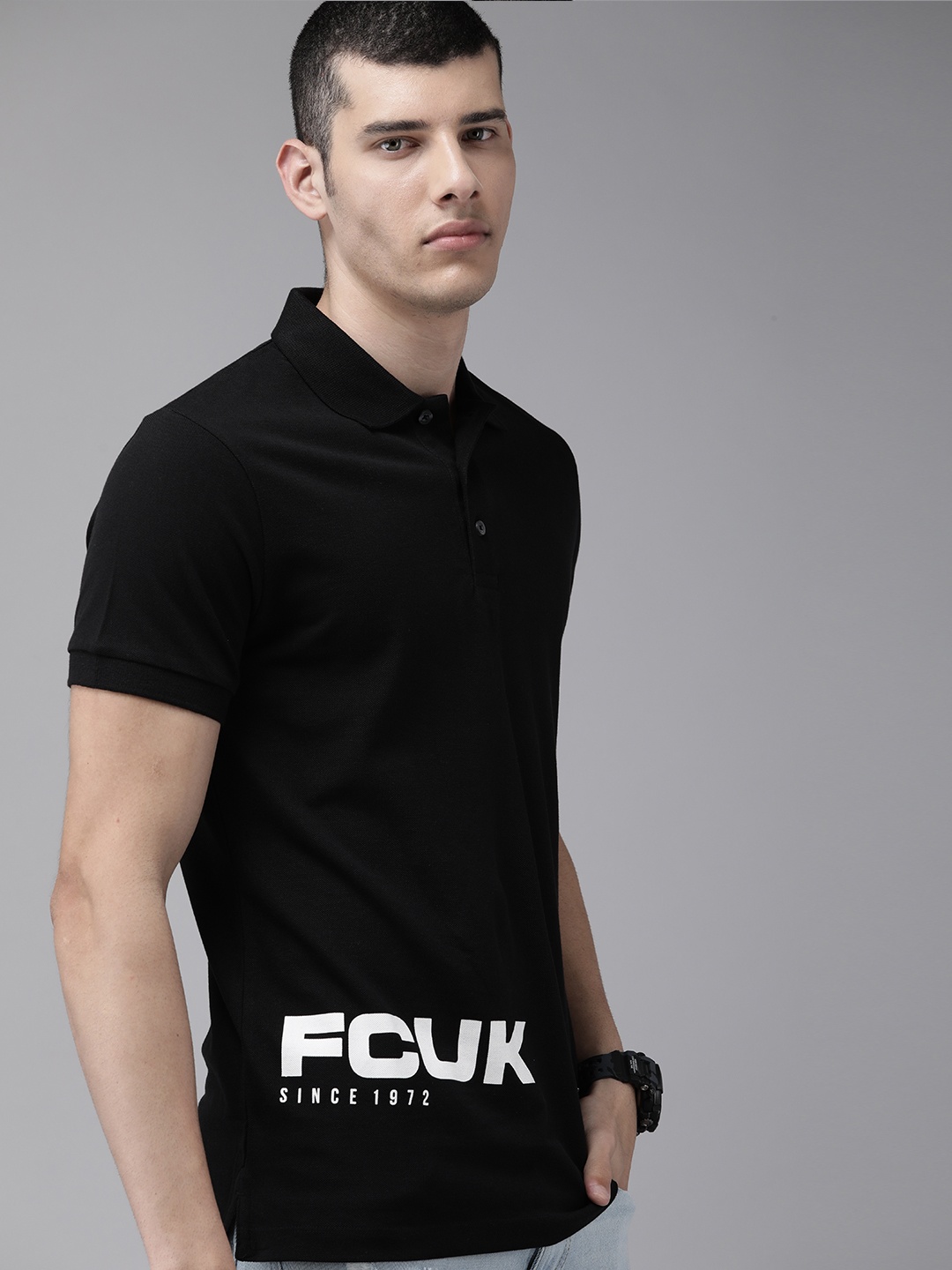 

French Connection Men Black Typography Printed Polo Collar Pure Cotton Slim Fit T-shirt