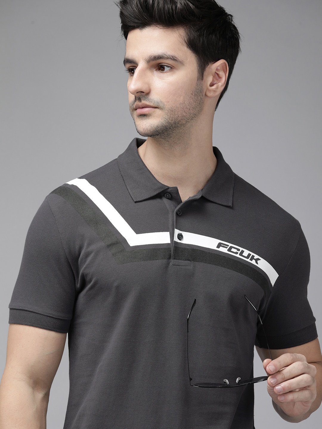 

French Connection Men Grey Striped Polo Collar Slim Fit T-shirt