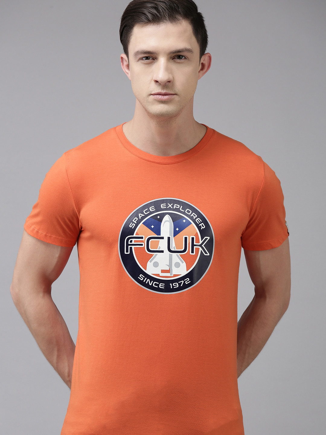 

French Connection Men Orange Conversational Printed Slim Fit Pure Cotton T-shirt