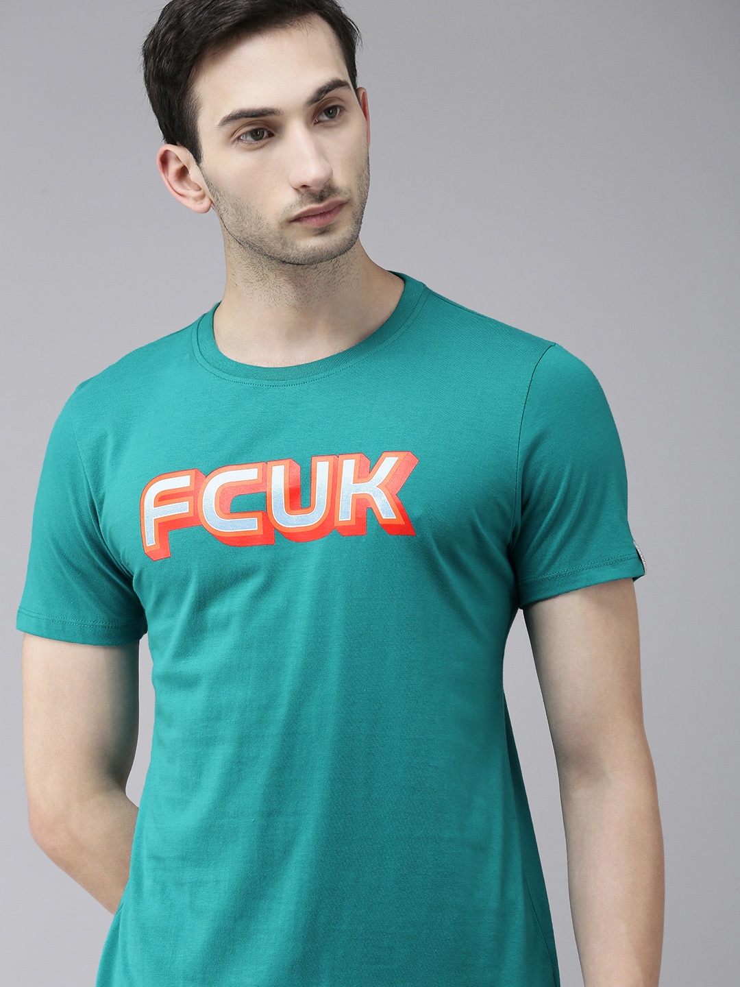 

French Connection Men Green & Orange Printed Slim Fit Pure Cotton T-shirt