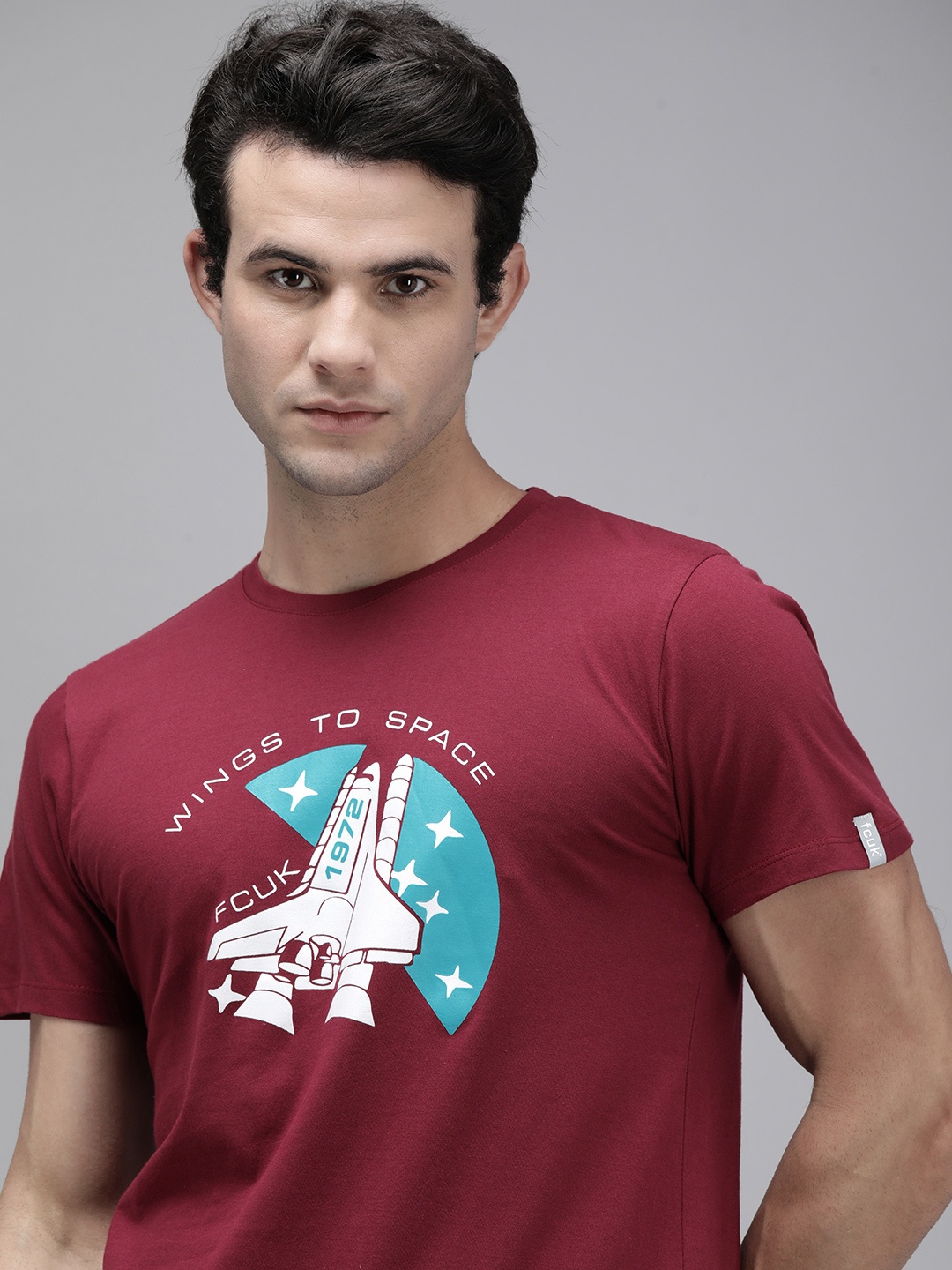 

French Connection Men Maroon Printed Pure Cotton T-shirt